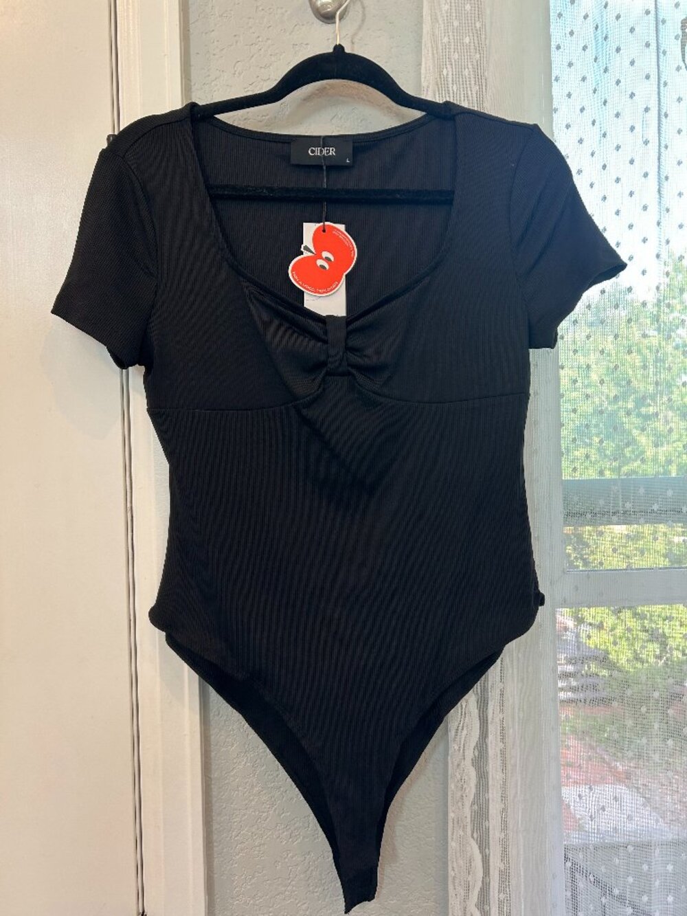 Cider Black Ribbed Cutout Bodysuit NWT Size Large Short Sleeve Stretch Top